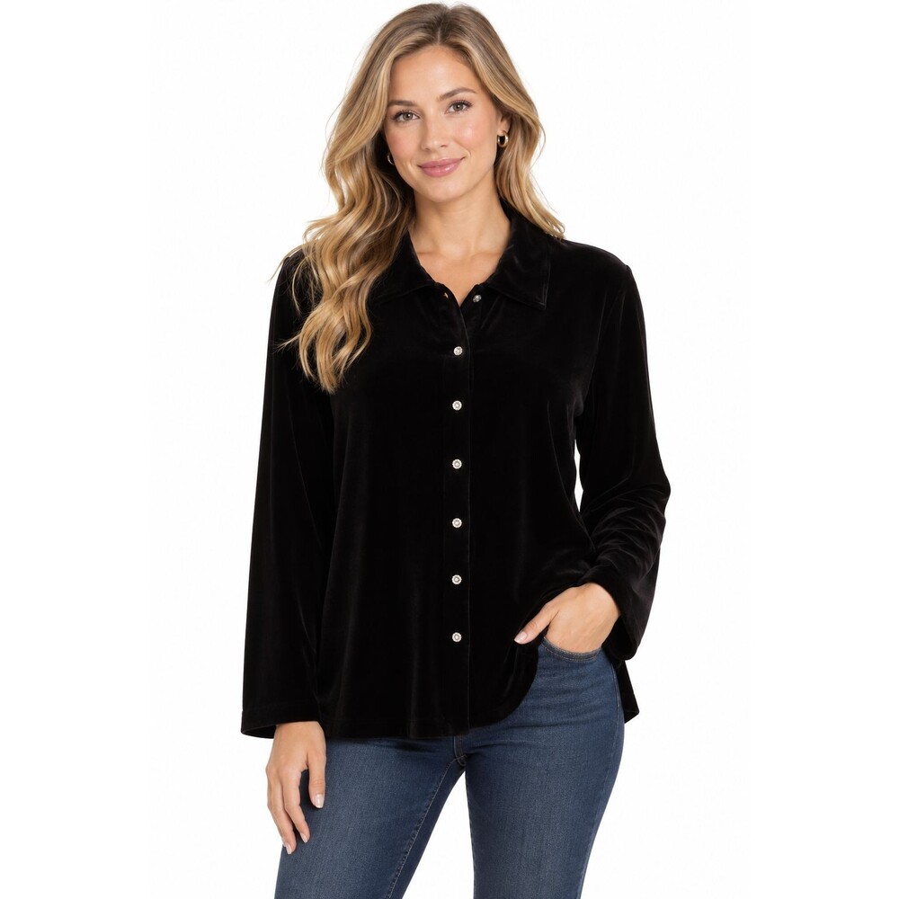 Harve Benard Black Velvet Button Down Top 2x Long Sleeve Silver Flower Buttons